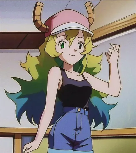 <lora:pokemonanimeV2-10:1>, pokemonstyle, (masterpiece, best quality:1.2), solo, 1girl, lucoadef, smile, looking at viewer, heterochromia, baseball cap, dragon horns, black tank top, denim shorts, thighhighs <lora:maidragon_lucoa:1>