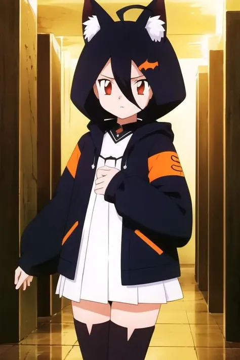 1girl, flat chest, short hair, black hair, ahoge, messy hair, payot, twintails, short twintails, animal ears, animal ear fluff, bat ears, bangs, hair between eyes, bat hair ornament, expressionless, empty eyes, red eyes, glowing eyes, white dress, short dress, pleated skirt, hooded jacket, black jacket, open jacket, open clothes, black hood, hood down, long sleeves, wide sleeves, sleeves past wrists, sleeves past fingers, black thighhighs, zettai ryouiki, boots, black footwear, Tomb, ancient Egypt, hieroglyphs, statue, sarcophagus, torchlight, stone, darkness, corridor, grandeur, mystery, shadows, sand, masterpiece, best quality, official art, extremely detailed CG unity 8k wallpaper, artbook, yuzu-soft, kobuichi, muririn,