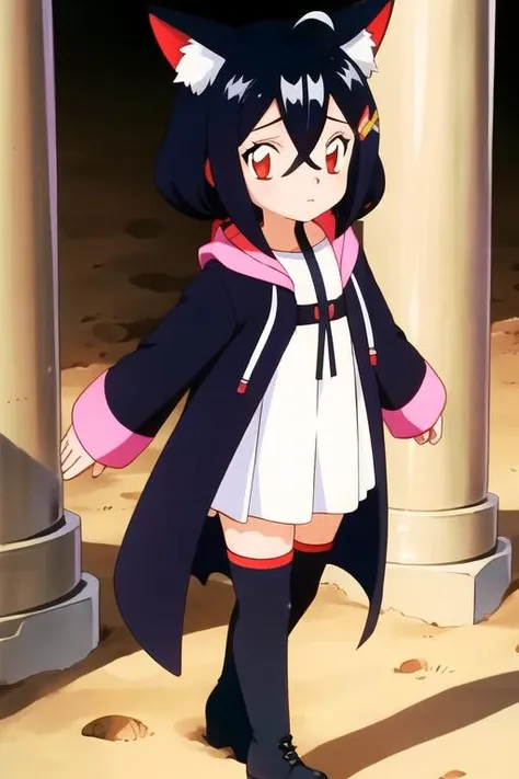 1girl, flat chest, short hair, black hair, ahoge, messy hair, payot, twintails, short twintails, animal ears, animal ear fluff, bat ears, bangs, hair between eyes, bat hair ornament, expressionless, empty eyes, red eyes, glowing eyes, white dress, short dress, pleated skirt, hooded jacket, black jacket, open jacket, open clothes, black hood, hood down, long sleeves, wide sleeves, sleeves past wrists, sleeves past fingers, black thighhighs, zettai ryouiki, boots, black footwear, Tomb, ancient Egypt, hieroglyphs, statue, sarcophagus, torchlight, stone, darkness, corridor, grandeur, mystery, shadows, sand, masterpiece, best quality, official art, extremely detailed CG unity 8k wallpaper, artbook, yuzu-soft, kobuichi, muririn,