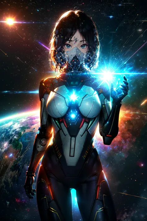 best quality, masterpiece, realistic, photorealistic, <lora:CyberwareV1:0.6> cyberware, cyberpunk, android, cyborg, science fiction, glowing eyes, heterochromia, 1girl, solo, looking at viewer, detailed background, in space, sun, nebulas <lora:DarkIncursioStyle:1> night, \(dark environment\)
BREAK
cosmos, gas clouds, raytracing <lora:add_detail:1>