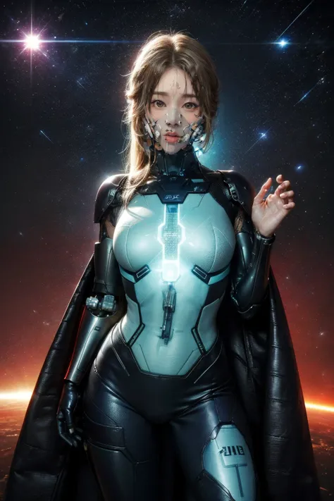 best quality, masterpiece, realistic, photorealistic, <lora:CyberwareV1:0.6> cyberware, cyberpunk, android, cyborg, science fiction, glowing eyes, heterochromia, 1girl, solo, looking at viewer, detailed background, in space, sun, nebulas <lora:DarkIncursioStyle:1> night, \(dark environment\)
BREAK
cosmos, gas clouds, raytracing <lora:add_detail:1>
