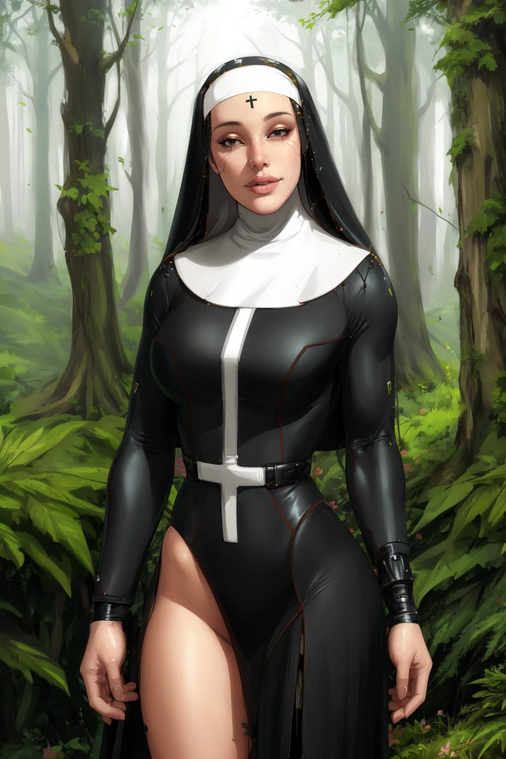 beautiful nun in a very tight habit standing in the forest,
Cyberware, face marks
masterpiece, high quality