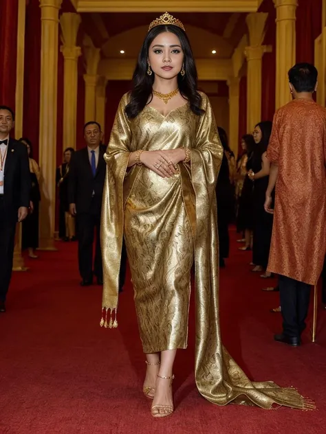 <lora:Indonesiadoll-Ver1.0:0.6> solo, beautiful girl, dark hair, elegant batik gown, shawl, high heel, gold jewelry, tiara, red carpet, crowd,