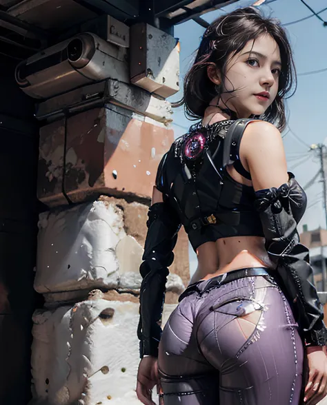 1girl, sutena, mecha pants, mecha blouse, round neck, cowboy shot, light and shadow, purple and pink tones, cyberpunk city in the background <lora:BulanSutenaBra5v:0.8> <lora:Indonesiadoll-Ver1.0:1> <lora:cbpkv_20230614221551:0.8>