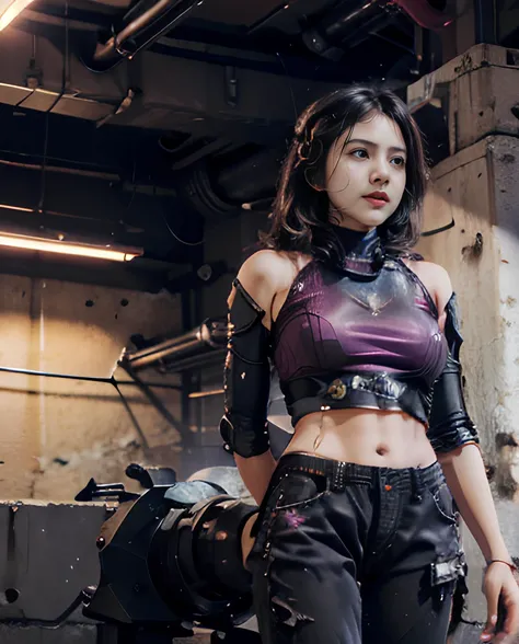 1girl, sutena, mecha pants, mecha blouse, round neck, cowboy shot, light and shadow, purple and pink tones, cyberpunk city in the background <lora:BulanSutenaBra5v:0.8> <lora:Indonesiadoll-Ver1.0:1> <lora:cbpkv_20230614221551:0.8>