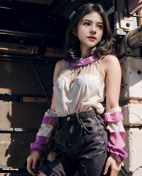 1girl, sutena, mecha pants, mecha blouse, round neck, cowboy shot, light and shadow, purple and pink tones, cyberpunk city in the background <lora:BulanSutenaBra5v:0.8> <lora:Indonesiadoll-Ver1.0:1> <lora:cbpkv_20230614221551:0.8>