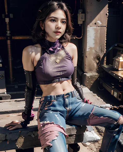 1girl, sutena, mecha pants, mecha blouse, round neck, cowboy shot, light and shadow, purple and pink tones, cyberpunk city in the background <lora:BulanSutenaBra5v:0.8> <lora:Indonesiadoll-Ver1.0:1> <lora:cbpkv_20230614221551:0.8>