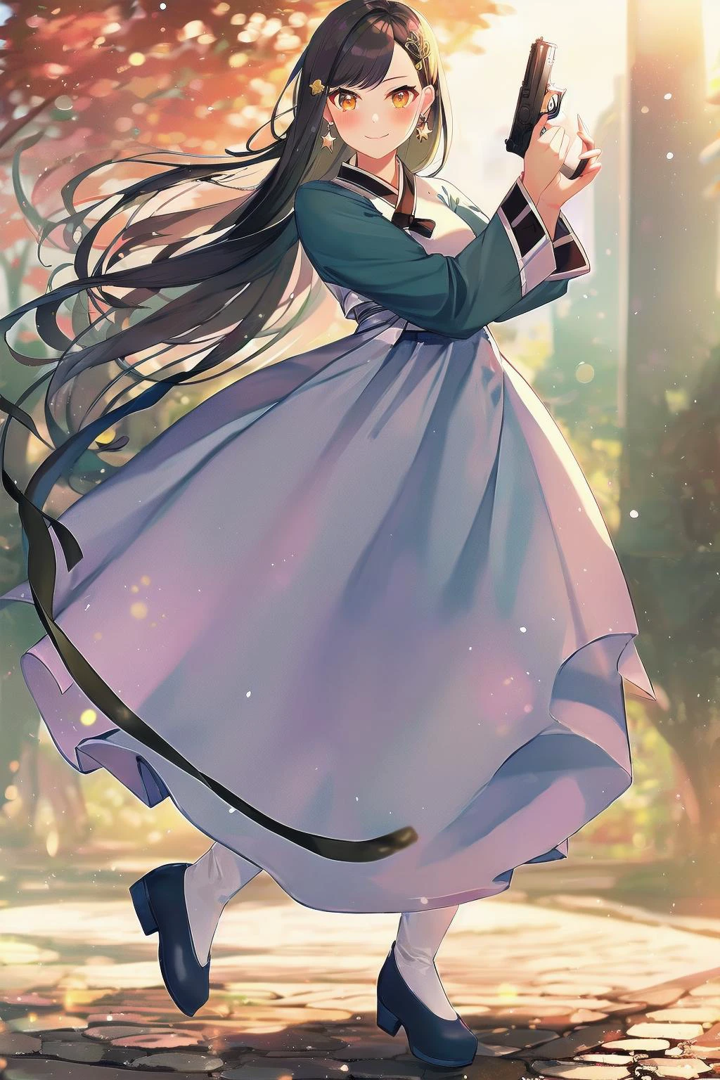 (masterpiece:1.21), (best quality:1.21), (an:1.10), (shiraishian:1.10), (hanbok:1.10), (organdy hanbok:1.10), (cinematic ligiting:1.10), girl, black blue long hair, orange eyes, star (symbol:1.10), hair clip, star hair ornament, bangs, star earrings, medium breasts, (full body:1.1), (beautiful face and eyes:1.10), yo, 17solo, solo focus, blush, smile, looking at viewer, long sleeves, (holding handgun, holding pistol:1.2), organdy hanbok dress, long sleeves, depth of focus, bokeh, outdoor, full body, extremely beautiful detailed background,