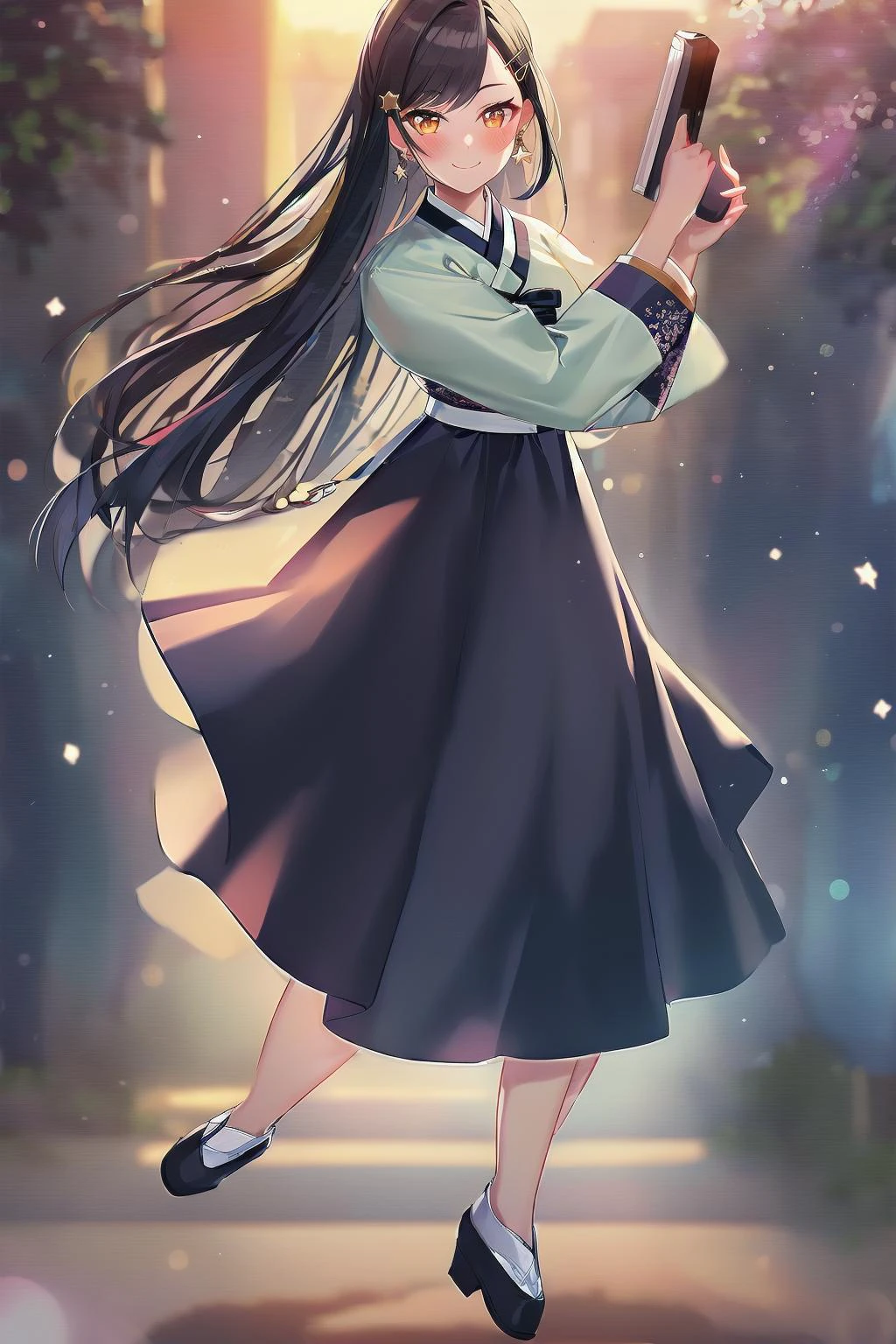 (masterpiece:1.21), (best quality:1.21), (an:1.10), (shiraishian:1.10), (hanbok:1.10), (organdy hanbok:1.10), (cinematic ligiting:1.10), girl, black blue long hair, orange eyes, star (symbol:1.10), hair clip, star hair ornament, bangs, star earrings, medium breasts, (full body:1.1), (beautiful face and eyes:1.10), yo, 17solo, solo focus, blush, smile, looking at viewer, long sleeves, (holding skirt:1.2), organdy hanbok dress, long sleeves, depth of focus, bokeh, outdoor, full body, extremely beautiful detailed background,