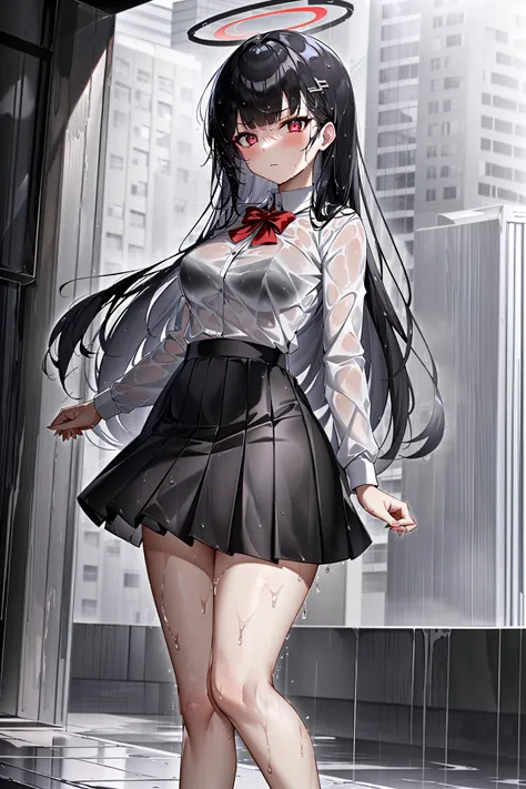 masterpiece, (best qulaity:1.3), wallpaper, 8K, depth of field, beautiful detailed eyes, (1girl, rio, red eyes, blunt bangs, long hair, black hair, halo, (wet, see-through:1.2), (shirt), closed mouth, (city), (serious, rain, grey sky:1.2), medium breasts, neckbow, (pleated skirt, bare legs), looking at viewer) <lora:Rio:0.5>
