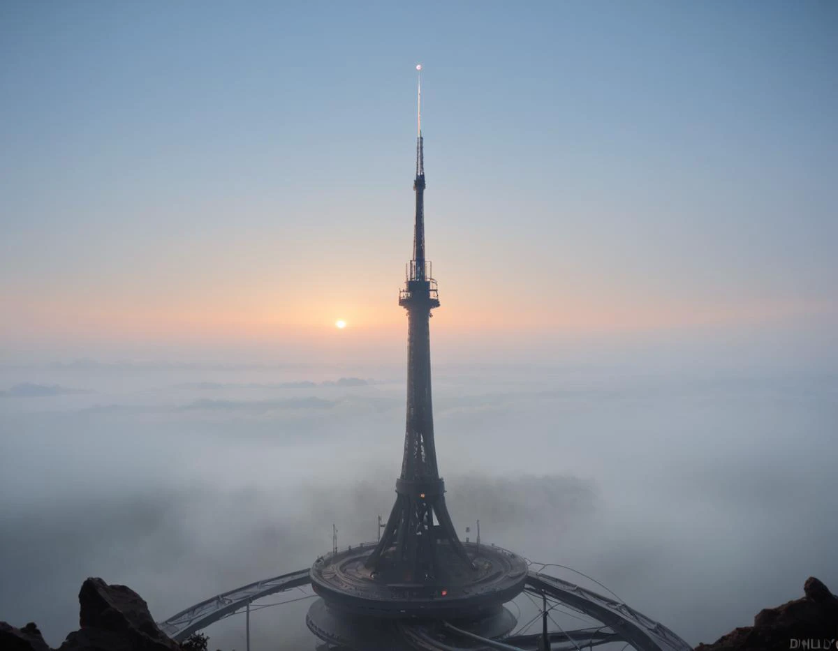 (score_9_up, cinematic still, dark, scifi, real life:1.3) source_real, realistic, an expansive view of a space-bound tower stretching from a planetary surface to a stationary platform, with the planet's curvature visible beneath., shipscene, bloom, dimly lit, rim lighting, sharp focus, blue eyes, (heavy fog, mist), <lora:spacemerge1:1>