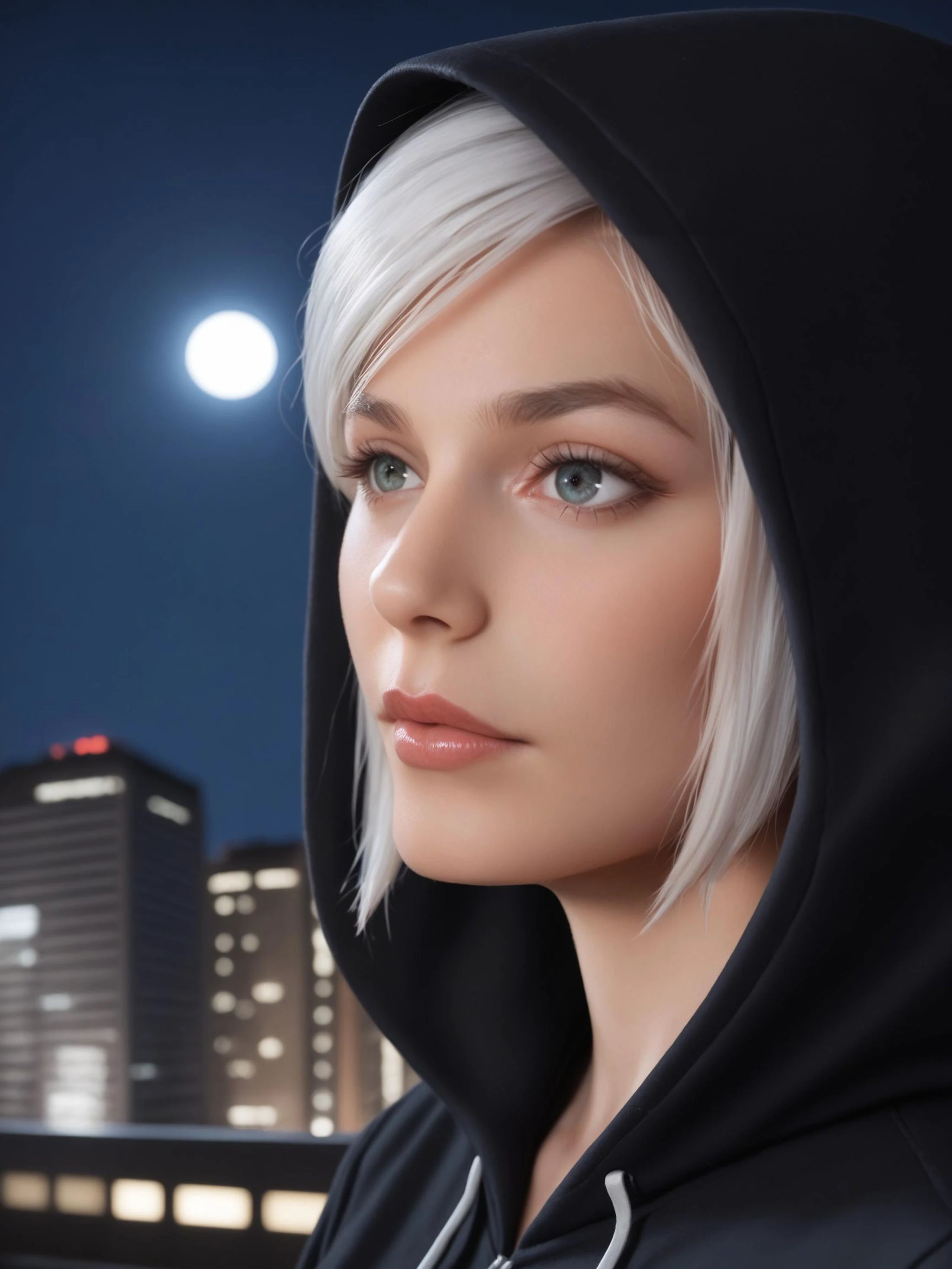 1girl, [[ada wong:triss:.3]:samus.7], white hair, bangs
, black hoodie, (hood up:1.4)
, side view, close-up
, rooftop, night, city, skyscraper, nebula, night sky, large marble moon, fine detail, detailed, sharp focus, masterpiece, realistic