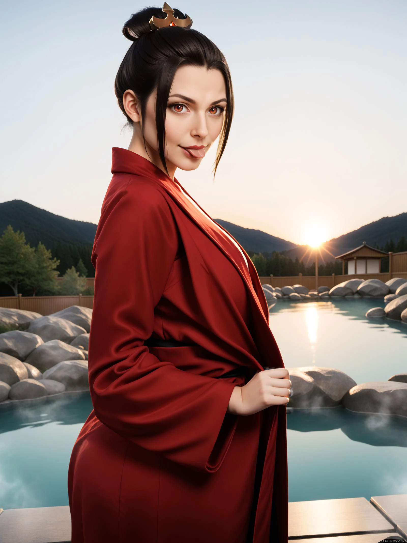 adorable cute worried azula, teasing,( light smile:0.7), tongue out
, open red robe, opening robe, holding robe, clothes tug
, cowboy shot
, side view, looking at viewer
, public, onsen, sunrise, (steam:1.3), volumetric lighting, depth of field, cinematic shot, vibrant, detailed, dramatic light