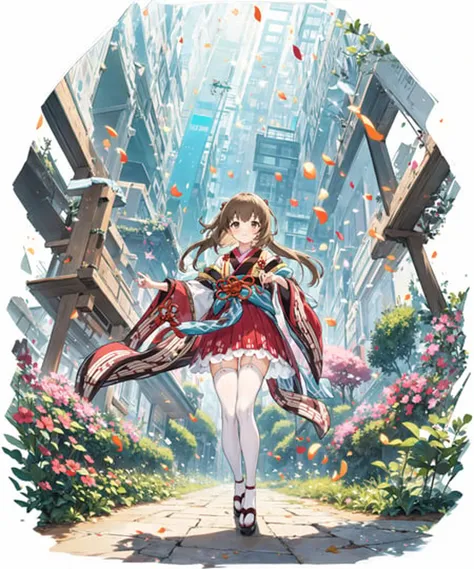 1girl,solo,masterpiece, best quality, kimono, looking_at_viewer, kimono, masterpiece, long hair,very long hair,best quality,<lora:Yoshino20230303V1:0.66>,panorama,fisheye,(((brown hair))),(((brown eyes))),Beautiful Lighting,cinematiclighting,ray tracing,lensflare,tachi-e, full body, (((white background))),white thighhighs, hair_bow, flower field,green theme,<lora:standingFullBodyWithBackgroundStyle_v10Offset:1.5>