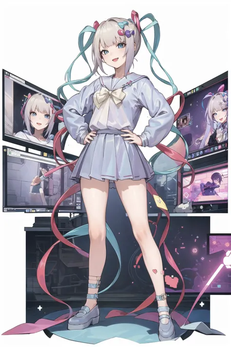 masterpiece, best quality, 1girl, solo, smile, <lora:kangelNeedyGirl_v10:1>, school uniform, computer, cyberpunk, skyscraper, streamer, hand on hip, <lora:tachi-e:1>, tachi-e, white background, full body