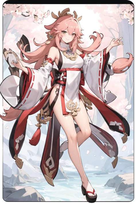 masterpiece, best quality, 1girl, solo, upper body, genshin impact, yae miko, 1girl, animal ears, branch, breasts, cherry blossoms, closed mouth, earrings, flower, fox ears, japanese clothes, jewelry, long hair, looking at viewer, medium breasts, nontraditional miko, outdoors, flower, ribbon-trimmed sleeves, ribbon trim, sidelocks, smile, solo, wide sleeves, dynamic pose, <lora:yaeMikoRealistic_yaemikoFull:0.6>, <lora:tachi-e:1>, tachi-e, white background, full body, border