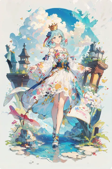 (((masterpiece))),bestquality,illustration,beautifuldetailedglow,
paper_cut, <lora:tachi-e:1>,simple background, full body,water,clouds,colorful, floral background, cat,fantasy, gem,crown, (1girl),solo,
