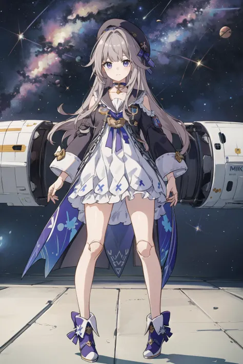 1girl, solo , kawaii small, embarrassed, standing split, portrait, immemorial, milky way, spacecraft, universe , <lora:HertaStarRailV1:1.05>, hertasr, dress , <dollgirl:1.2>, beret, <lora:standingFullBodyWithBackgroundStyle_v10Offset:0.6>