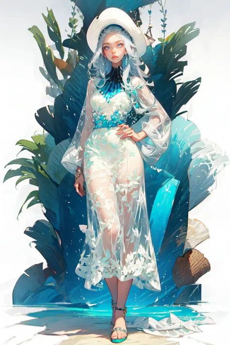 <lyco:yc66-000001:0.7>, (masterpiece:1.2, best quality), (real picture, intricate details), (1lady, solo, upper body:1.15),
Clothing: white bikini, flowy maxi dress, wide-brimmed hat, strappy sandals,
Accessories: oversized sunglasses, blue ribbon,
Hair: silver hair ,long hair, blue eyes,
Makeup: natural, white skin,
Behavior: relaxed, carefree, free-spirited,hold the bartender,
Location: beach, resort, outdoor festival, cloudy sky, white background, full body, <lora:tachi-e:0.4>