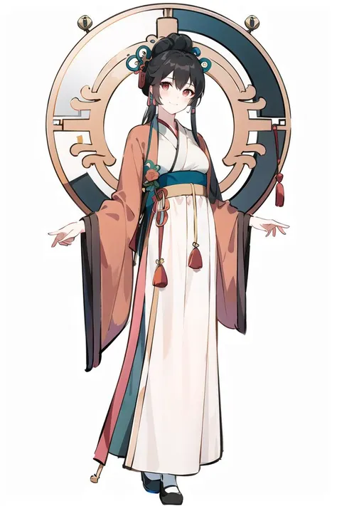 masterpiece, best quality, 1girl, standing, full body, looking at viewer, peaceful, light smile, hanfu, (ru qun), medium breasts, black hair, (white background:0.9), chinese architecture, <lora:xrs2.0:0.2>, <lora:tachi-e:1.1>, <lora:Elegant hanfu ruqun style:1>