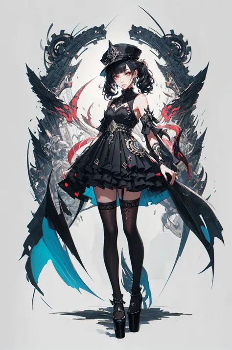 official art, unity 8k wallpaper, ultra detailed, beautiful and aesthetic, beautiful, masterpiece, best quality, (zentangle, mandala, tangle, entangle), Portrait Of Stunningly Beautiful Girl, <lora:Gothpunk_V2:0.6>,Petite, Delicate Beautiful Attractive Face With Alluring Sharp Red Eyes, Sharp Eyebrows, Sadness Grieving, Closed Mouth, Small Breasts, Layered Medium Twintail Black Hair, Blush Eyeshadow, Thick Eyelashes, Rollable Fedora Hat, platform footwear,Black Frill Hem Shirt Dress, Thigh Highs, At Night, full body, white background, <lora:standingFullBodyWithBackgroundStyle_v10Offset:0.8>, moody lighting, glow, glowing, mysterious, mystical, magical, rim lighting, gorgeous, vibrant, psychedelic, colorful, intricate, elegant, sharp focus, highly detailed, digital painting, concept art, matte, masterpiece, Hyper detailed ultra sharp, vibrant aesthetic, bloodwave, colorful, psychedelic, ornate, intricate, digital painting, concept art, smooth, sharp focus, illustration, beautiful female,