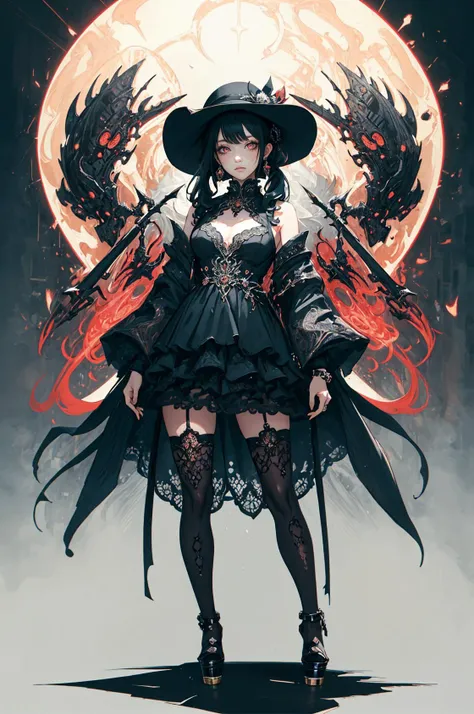 official art, unity 8k wallpaper, ultra detailed, beautiful and aesthetic, beautiful, masterpiece, best quality, (zentangle, mandala, tangle, entangle), Portrait Of Stunningly Beautiful Girl, <lora:Gothpunk_V2:0.6>,Petite, Delicate Beautiful Attractive Face With Alluring Sharp Red Eyes, Sharp Eyebrows, Sadness Grieving, Closed Mouth, Small Breasts, Layered Medium Twintail Black Hair, Blush Eyeshadow, Thick Eyelashes, Rollable Fedora Hat, platform footwear,Black Frill Hem Shirt Dress, Thigh Highs, At Night, full body, white background, <lora:standingFullBodyWithBackgroundStyle_v10Offset:0.8>, moody lighting, glow, glowing, mysterious, mystical, magical, rim lighting, gorgeous, vibrant, psychedelic, colorful, intricate, elegant, sharp focus, highly detailed, digital painting, concept art, matte, masterpiece, Hyper detailed ultra sharp, vibrant aesthetic, bloodwave, colorful, psychedelic, ornate, intricate, digital painting, concept art, smooth, sharp focus, illustration, beautiful female,