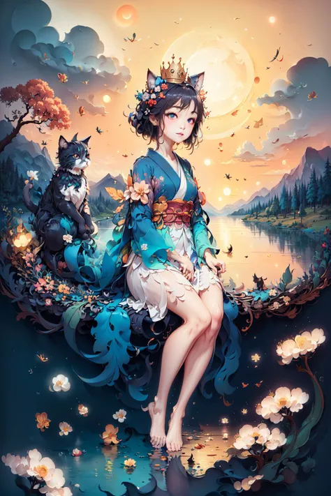 (((masterpiece))),bestquality,illustration,beautifuldetailedglow,
paper_cut, <lora:KK_paperCut_v1:1>, <lora:tachi-e:0.8>, full body,river,clouds,colorful, flower,tree, cat,fantasy,crown, 1girl,full moon, pretty face,bare foot, kimono,rendered eyes,