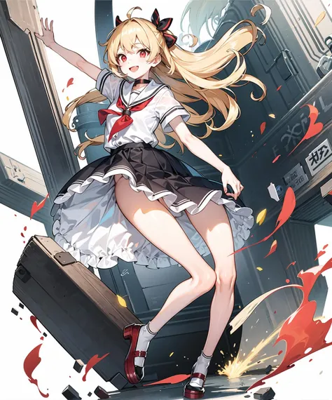 masterpiece, best quality,1girl, solo,dancing,a confident expression,(red eyes:1.5),looking at viewer,white school uniform, blonde hair, very long hair,red stripes,smiling
,tachi-e, full body, black choker,
(((white background))),Beautiful Lighting,cinematiclighting, <lora:Standing Full Body with Background:1>