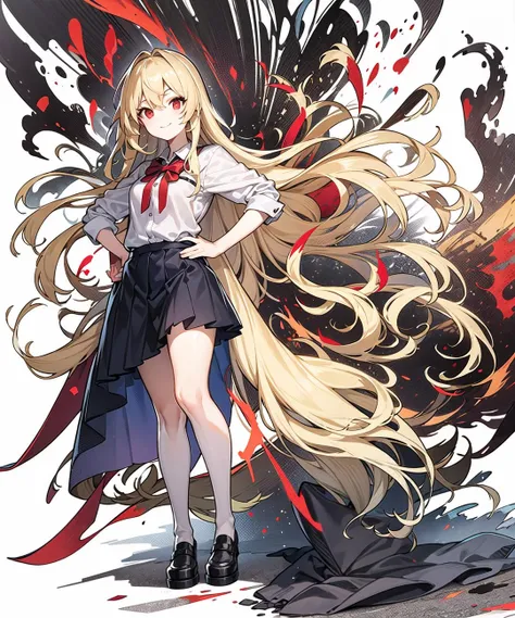 masterpiece, best quality,1girl, solo,Hands on hips,a confident expression,closed mouth,(red eyes:1.5),looking at viewer, school uniform, blonde hair, very long hair,red stripes on hair,smiling
,tachi-e, full body,
(((white background))),Beautiful Lighting,cinematiclighting, <lora:Standing Full Body with Background:1>
