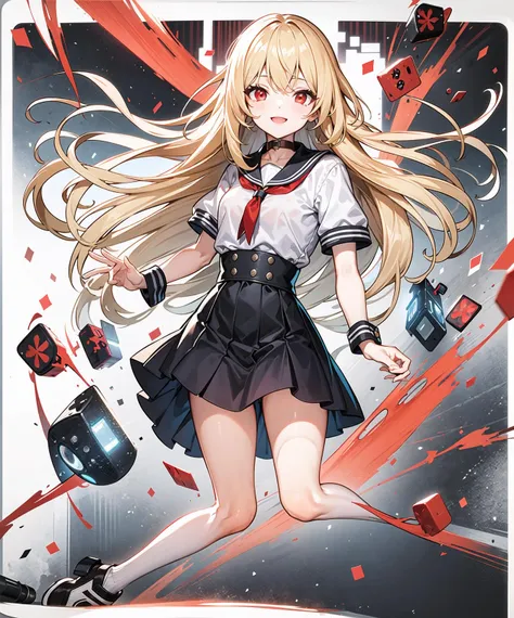 masterpiece, best quality,1girl, solo,dancing,a confident expression,(red eyes:1.5),looking at viewer,white school uniform, blonde hair, very long hair,red stripes,smiling
,tachi-e, full body, black choker,
(((white background))),Beautiful Lighting,cinematiclighting, <lora:Standing Full Body with Background:1>