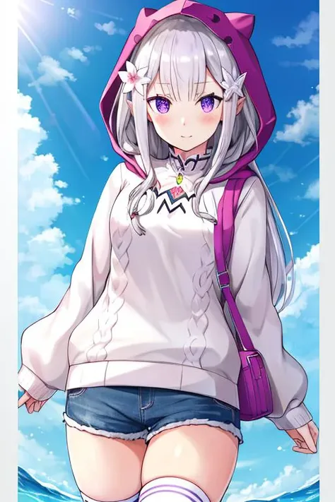 bbest quality, highres,ultra-detailed, solo_focus, <lora:EmiliaV10:1>, Emilia, sweater, hood, shorts, white_thighhighs