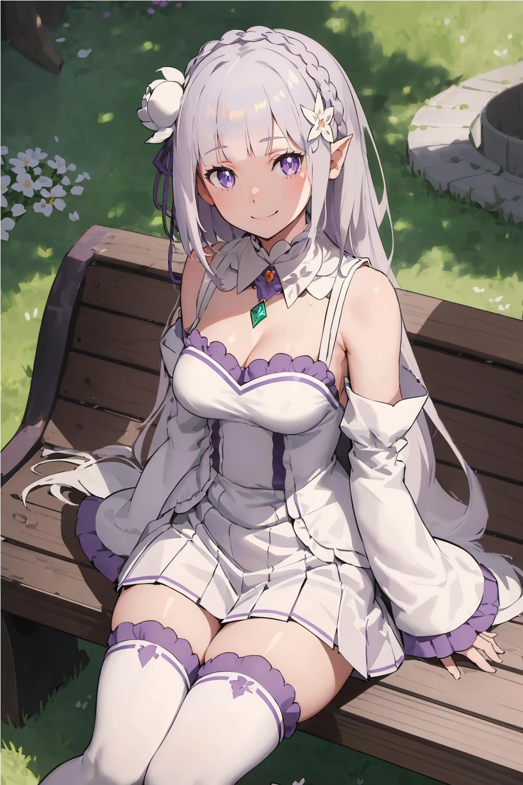 masterpiece, 1girl, <lora:EmiliaV32-000080:0.6> Emilia, blunt bangs, long hair, crown braid,
white dress, detached collar, wide sleeves, x hair ornament, hair flower, hair ribbon, white thigh boots, cleavage, purple frills, pleated_white_skirt
sitting on bench, garden, arms at sides,
looking at viewer, (smile:1.2), blush, from above,