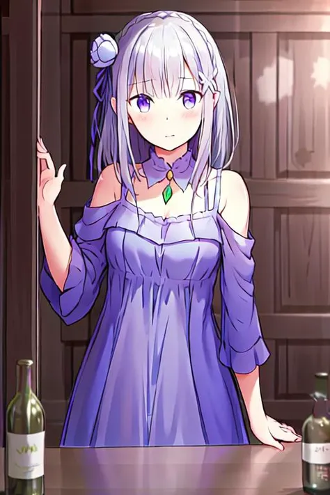 best quality, highres,ultra-detailed, solo_focus, <lora:Emilia:0.6>, Emilia, purple and blue dress, drunk, messy_hair,