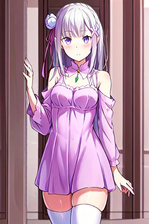 best quality, highres,ultra-detailed, solo_focus, <lora:Emilia:0.6>, Emilia, pink dress, short dress, red ribbon, zettai ryouiki, white thighhighs,