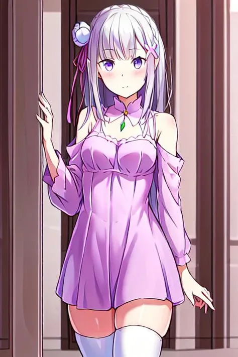 best quality, highres,ultra-detailed, solo_focus, <lora:Emilia:0.6>, Emilia, pink dress, short dress, red ribbon, zettai ryouiki, white thighhighs,