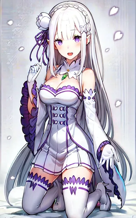 (masterpiece,best quality,CG,wallpaper,HDR,high quality,high-definition),(an extremely delicate and beautiful),(highly detailed eyes,extremely delicate and beautiful face),incredibly detailed,Perfect female body,elegant,noble,1 girl,(full body:1.4),large breasts,(white leather high heel thigh boots,white elbow gloves:1.4),garter straps, skirt,white thighhighs,(white background:1.3),/./././,no makeup,serious,expressionless,emilia (re:zero), bangs, hair ornament, purple eyes, flower, hair flower, ribbon, hair ribbon, x hair ornament, breasts, open mouth, medium breasts, purple ribbon, cleavage, white flower, smile, braid, detached sleeves, petals, very long hair, dress, grey hair, crown braid, pointy ears, wide sleeves, frills, white hair, bare shoulders, skirt, blunt bangs, pleated skirt, white background,