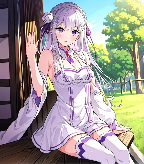 masterpiece, best quality, 1 girl,, <lora:emiliaReZero_v4:1>, Emilia, morning outfit: short dress, red ribbon, zettai ryouiki, white thighhighs, blunt bangs, crown braid, white hair (or purple),