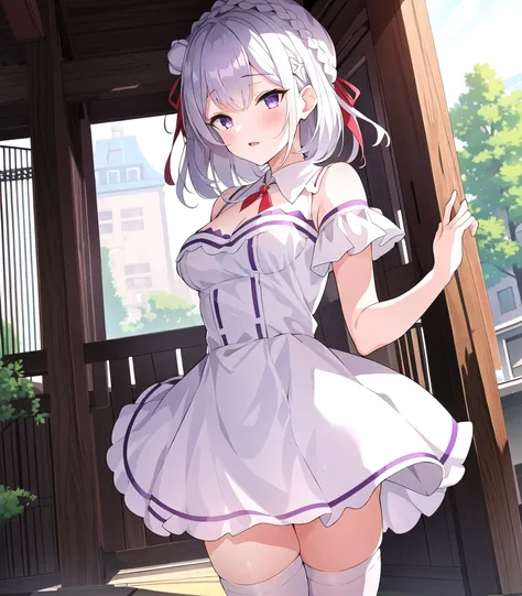 masterpiece, best quality, 1 girl,, <lora:emiliaReZero_v4:0.6>, Emilia, morning outfit: short dress, red ribbon, zettai ryouiki, white thighhighs, blunt bangs, crown braid, white hair (or purple),