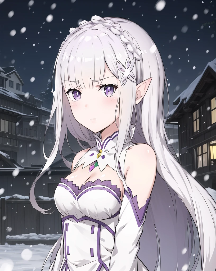 masterpiece, best quality, ultra-detailed, cinematic composition, anime, 2d, tarot, masterpiece*portrait, (finely detailed beautiful eyes: 1.2), 1girl, cute, nose, lips, emilia_\(re:zero\), medium breasts, (silver hair:1.2), (purple eyes:1.2), hair_ornament, pointy_ears, white dress,white thighhighs, light blush, angry, closed mouth, standing, arms at sides, upper body, winter, snowing, village, (8k:1.1) <lora:emiliaReZero_v5:0.8> <lora:reZEROEmilia_emiliaV1:0.2> <lora:animeLineartStyle_v20Offset:0.5>