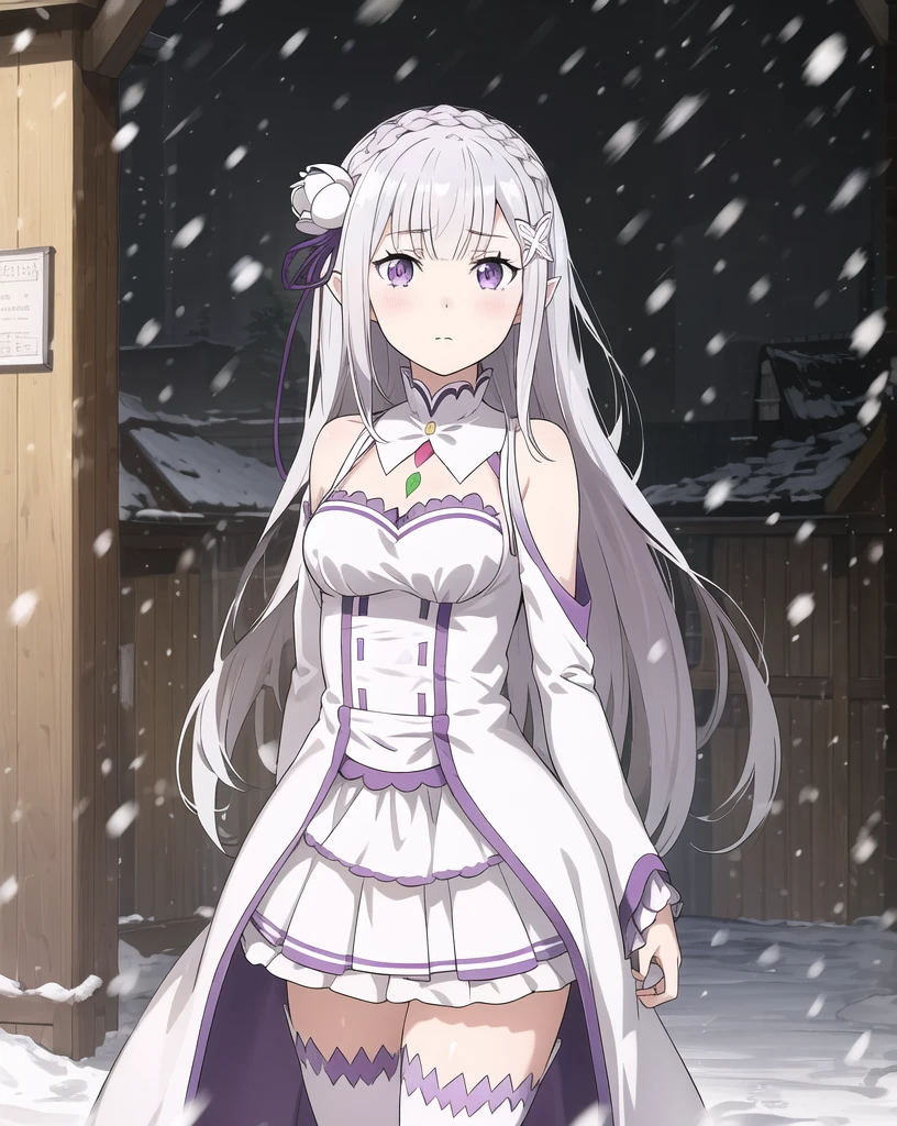 masterpiece, best quality, ultra-detailed, cinematic composition, anime, 2d, tarot, masterpiece*portrait, (finely detailed beautiful eyes: 1.2), 1girl, cute, nose, lips, emilia_\(re:zero\), medium breasts, (silver hair:1.2), (purple eyes:1.2), hair_ornament, pointy_ears, white dress,white thighhighs, light blush, expressionless, closed mouth, standing, arms at sides, cowboy shot, winter, snowing, village, (8k:1.1) <lora:emiliaReZero_v5:0.8> <lora:reZEROEmilia_emiliaV1:0.2> <lora:animeLineartStyle_v20Offset:0.5>