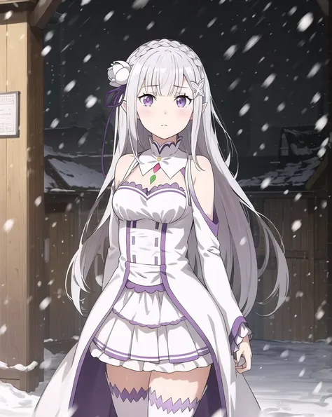 masterpiece, best quality, ultra-detailed, cinematic composition, anime, 2d, tarot, masterpiece*portrait, (finely detailed beautiful eyes: 1.2), 1girl, cute, nose, lips, emilia_\(re:zero\), medium breasts, (silver hair:1.2), (purple eyes:1.2), hair_ornament, pointy_ears, white dress,white thighhighs, light blush, expressionless, closed mouth, standing, arms at sides, cowboy shot, winter, snowing, village, (8k:1.1) <lora:emiliaReZero_v5:0.8> <lora:reZEROEmilia_emiliaV1:0.2>  <lora:animeLineartStyle_v20Offset:0.5>