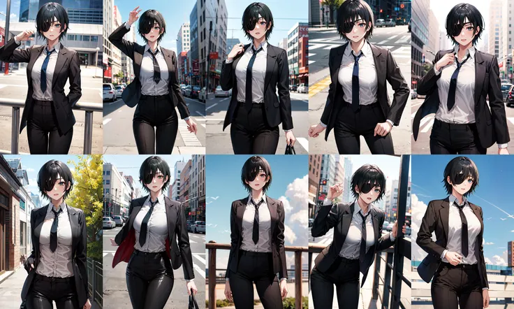 anime Screencap, happy, big breasts, in a room, vibrant colors, ,himeno \(chainsaw man\), eyepatch, black hair, black eyes, short hair,  black jacket, collared shirt Open, black pants, center opening, collarbone, neat hands