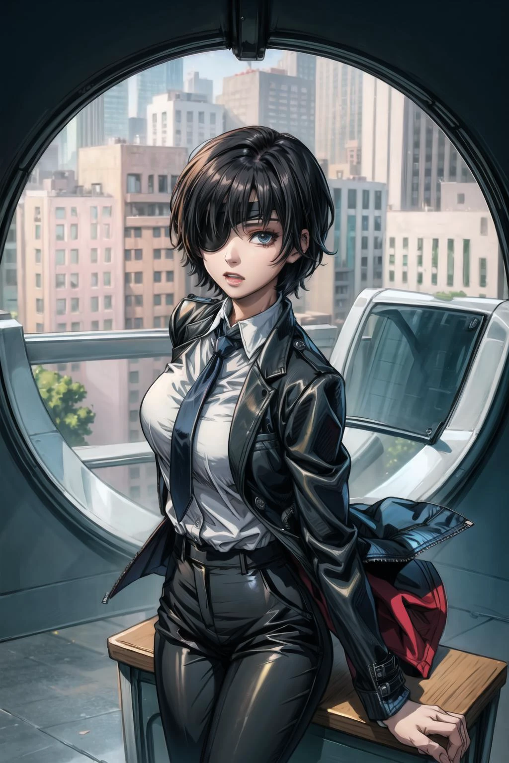 looking at viewer, <lora:himeno_(chainsaw_man)_v3:0.7> hmn1, eyepatch, breasts, necktie, collared shirt, black jacket, black pants, best quality, masterpiece, <lora:more_details:0.7>, 1girl, solo