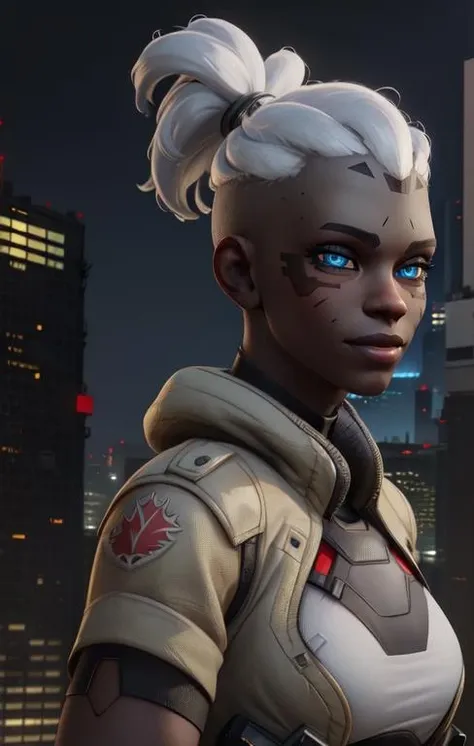 Sojourn, white hair, blue eyes, android, short ponytail, facial mark,
mechanical arms, shorts, shirt, short short sleeves,
sliding on the ground,
asphalt between buildings, daylight,
looking at viewer, smile,
(insanely detailed, beautiful detailed face,beautiful detailed eyes, masterpiece, best quality), solo,