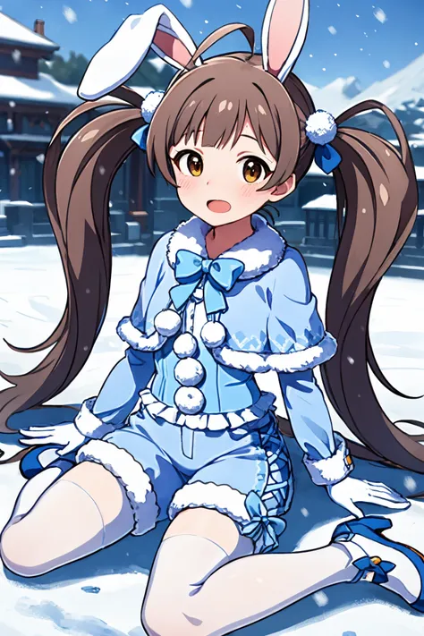 hakozaki serika, ear-and-tail, closed mouth, looking at viewer, simle, open mouth, white gloves, blush, 1girl, sitting, wariza, white legwear, fake animal ears, twintails, ahoge, pom pom \(clothes\), fur-trimmed capelet, white pantyhose, rabbit ears, rabbit tail, short shorts, fur-trimmed legwear, blue bowtie, light blue shorts, frilled dress, long sleeves, puffy shorts, legwear under shorts, light blue shirt, shoes, white legwear, snowing, snow field <lora:hakozaki_serika_locon_v1:0.7>