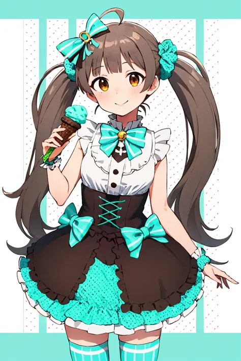 hakozaki serika, girlish chocomint, hair ornament, ice cream, 1girl, holding ice cream cone, smile, ahoge, twintails, aqua bowtie, aqua bow, frilled dress, sleeveless dress, layered skirt, striped bowtie, striped bow, hair scrunchie, hair bow, polka dot skirt, wrist cuffs, wrist scrunchie, white shirt, buttons, polka dot scrunchie, vertical-striped thighhighs, aqua thighhighs, sleeveless shirt, frilled shirt, frilled skirt, polka dot bow, aqua scrunchie, heart background, polka dot background <lora:hakozaki_serika_locon_v1:0.7>