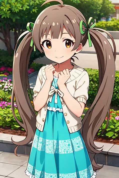 hakozaki serika, casual, looking at viewer, floral print, closed mouth, solo, twintails, hands up, cowboy shot, ribbon, smile, ahoge, 1girl, print dress, white cardigan, short sleeves, hair ribbon, green ribbon, aqua dress, frilled dress, garden <lora:hakozaki_serika_locon_v1:0.7>