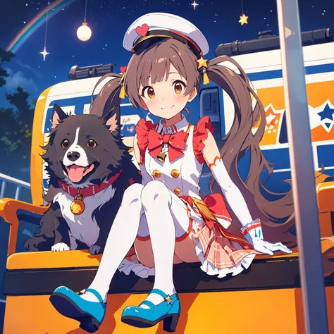 hakozaki serika, yumeiro train, train, 1dog, black dog, star hair ornament, rainbow, star print, sitting, solo, shoes, star hat ornament, twintails, smile, elbow gloves, white legwear, ground vehicle, starry background, white gloves, 1girl, white thighhighs, hat, looking at viewer, planet, blush, high heels, blue footwear, plaid skirt, clock, frilled skirt, whistle, red bowtie, heart ornament, white shirt, sleeveless shirt, collared shirt, star ornament, plaid bow, whistle, whistle around neck, pink skirt <lora:hakozaki_serika_locon_v1:0.7>