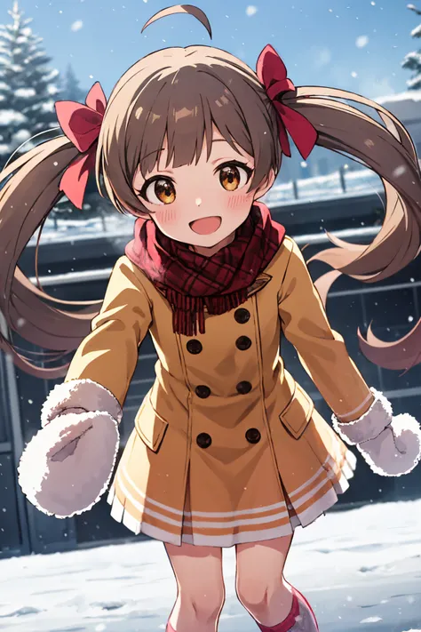 hakozaki serika,  teacher, open mouth, breath, long sleeves, smile, frilled skirt, twintails, ahoge, mittens, outdoors, :d, steam, hair bow, red bow, 1girl, snowing, looking at viewer, blush, brown coat, argyle legwear, double-breasted, plaid scarf, pleated skirt, brown skirt, red scarf, winter coat <lora:hakozaki_serika_locon_v1:0.7>