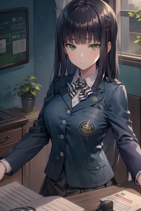 hifumitougou, <lyco:hifumitougou-lyco-nochekaiser:1>,
hifumi tougou, (green eyes:1.5), black hair, long hair, bangs, blunt bangs,
BREAK blazer, bow, bowtie, hair ornament, jacket, kneehighs, loafers, shoes, skirt, socks, black skirt, (blue blazer:1.5),
BREAK looking at viewer, full body,
BREAK indoors, classroom,
BREAK <lyco:GoodHands-beta2:1>, (masterpiece:1.2), best quality, high resolution, unity 8k wallpaper, (illustration:0.8), (beautiful detailed eyes:1.6), extremely detailed face, perfect lighting, extremely detailed CG, (perfect hands, perfect anatomy),